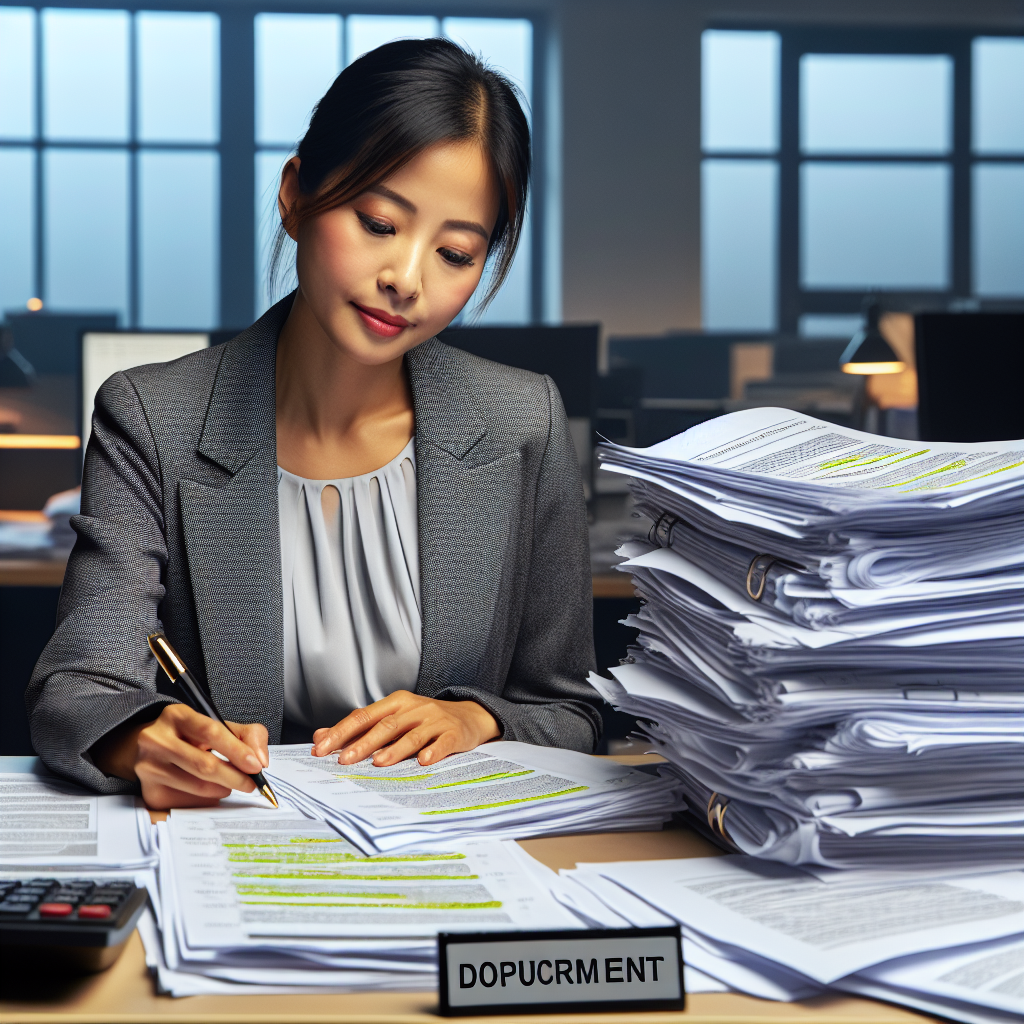 Compliance specialist reviewing documented financial planning procedures with highlighted sections ensuring adherence to German regulatory standards and transparent client reporting practices.