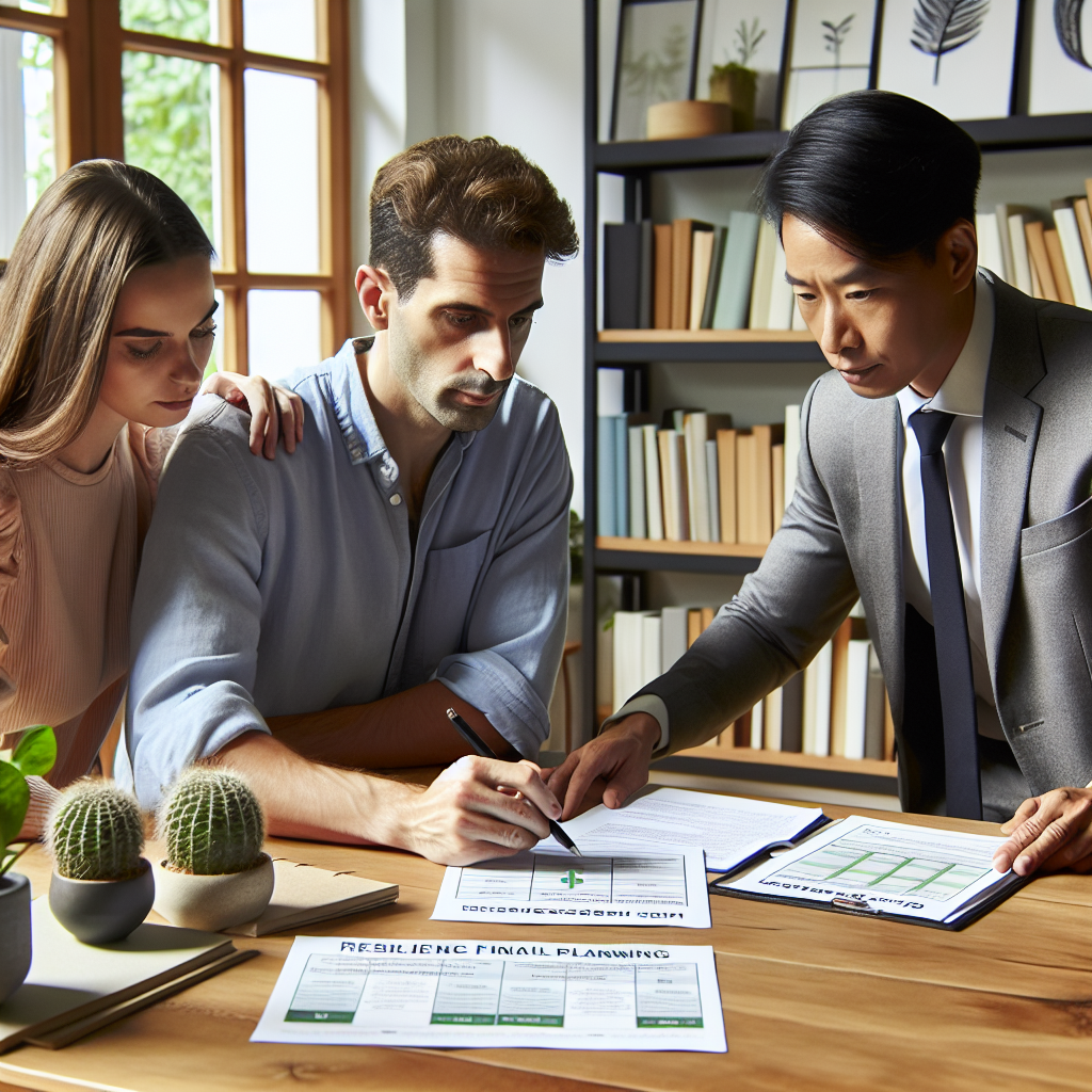 German household reviewing emergency fund strategies with advisor, analyzing charts and written checklists for resilient personal financial planning in a calm office setting.