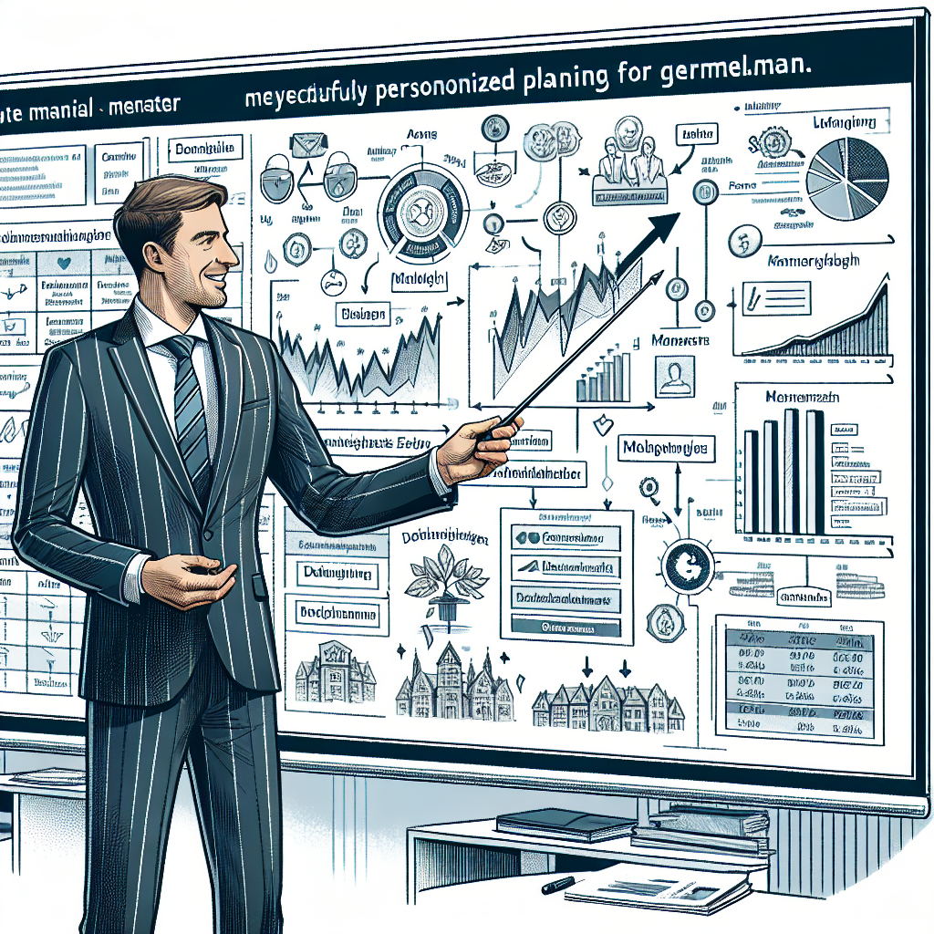 Financial mentor presenting structured advisory framework with layered flowcharts and highlighting milestones that guide German clients through personalized planning sessions.