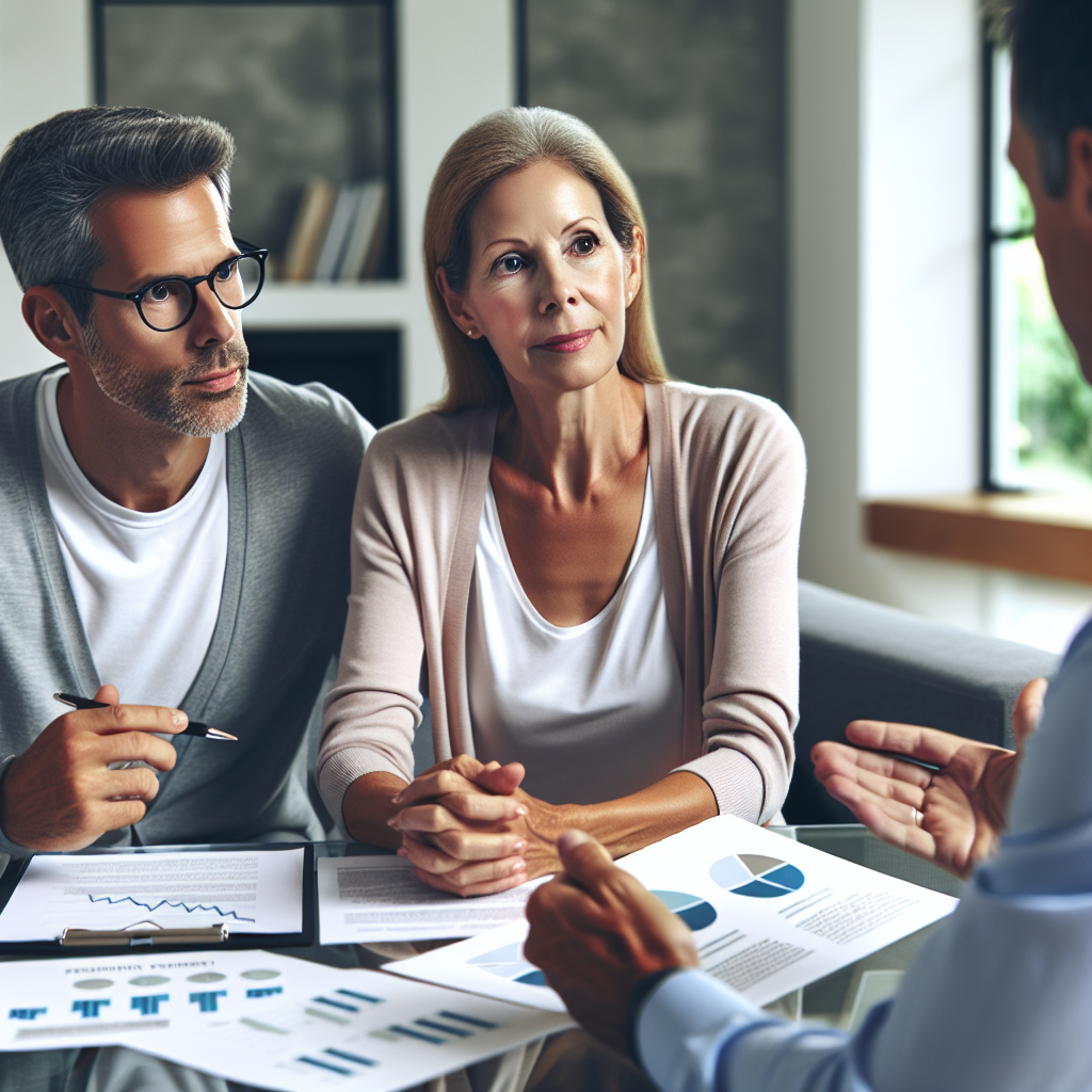 Mature German couple discussing pension scenarios with advisor using charts, highlighting tailored retirement strategies and confidence building dialogue in modern meeting room.